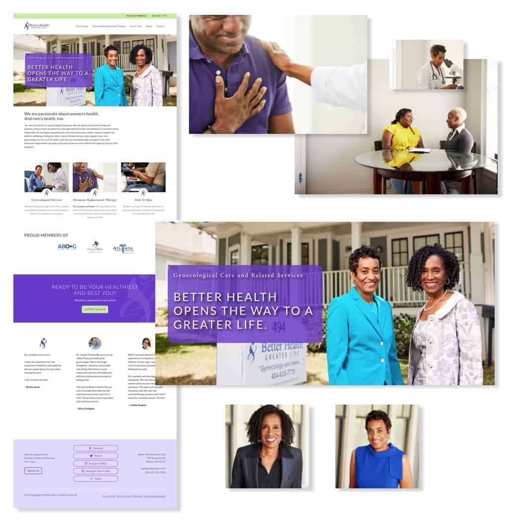 A sampling of original professional photos in place on website of doctors interacting with patients as well as their headshots