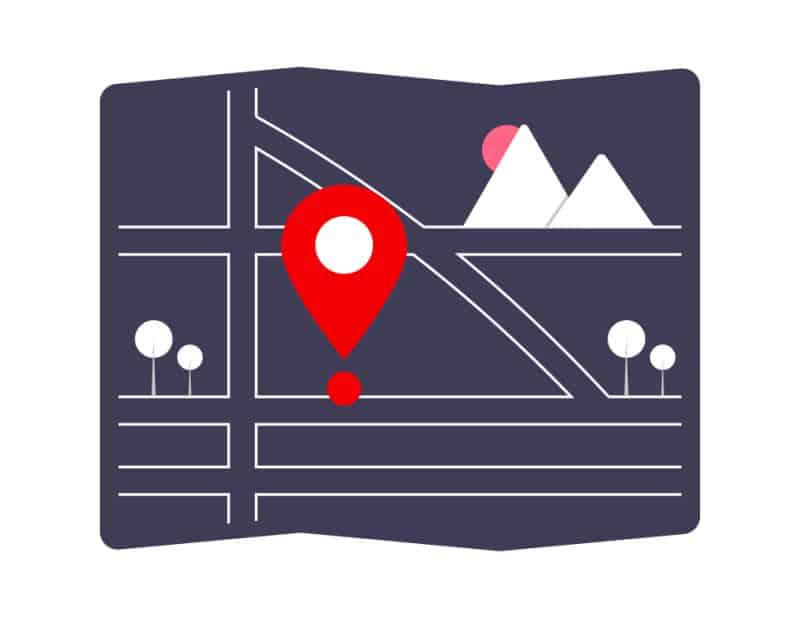 a graphic map with a big land marker